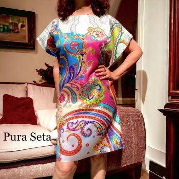 Caftano Abito Blusa in Pura Seta Paisley Summer Taglia Unica